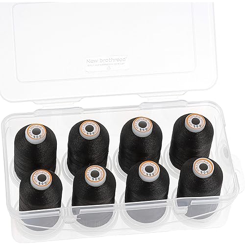 New brothread Polyester Embroidery Machine Thread 1000m Each with Clear Plastic Storage Box for Embroidery & Quilting - 8xBlack