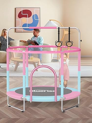 Miniatura 31 de BLUERISE Trampolín infantil de 55 pulgadas y 6 pies para jugar en interiores y exteriores, para niños, trampolín, aro de baloncesto con red de Azul