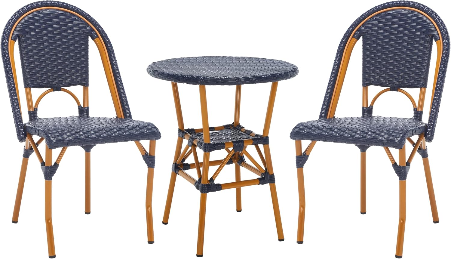 SAFAVIEH Outdoor - California 3 Piece Bistro Set - Navy Faux Wicker & Aluminum Frame - Coastal Design - Ideal for Patio, Deck, Sunroom, Dining Area (PAT9505B-KIT2)