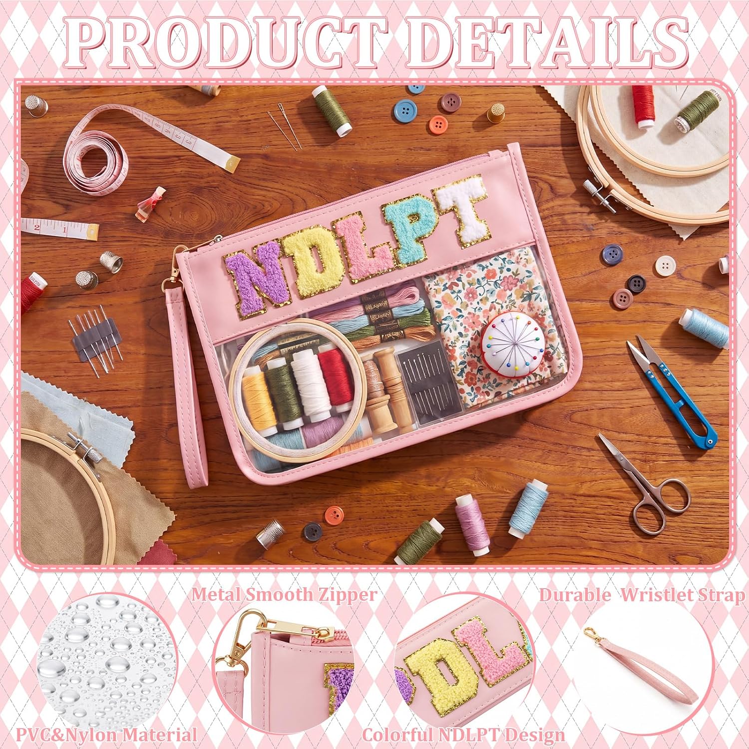 Klyyo Clyro Needlepoint Project Bag Clear Embroidery Sewing Bag Sewing Craft Organizer Storage Chenille Letter Zipper Pouch for Quilting Embroidery Knitting Stitching Cross Stitch Crochet (Pink)