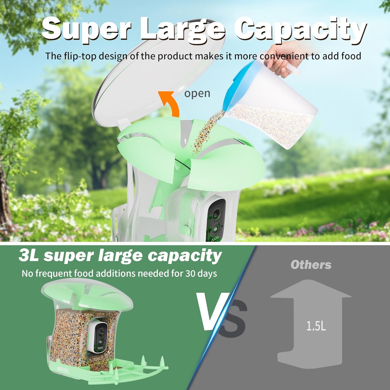 Smart Bird Feeder with Camera, Solar Powered 3 L Capacity, 2K HD AI Identify Bird Species, Weatherproof Auto Video Recording, Real-Time Alerts, Ideal Gift for Tech Lovers and Parents (Green)