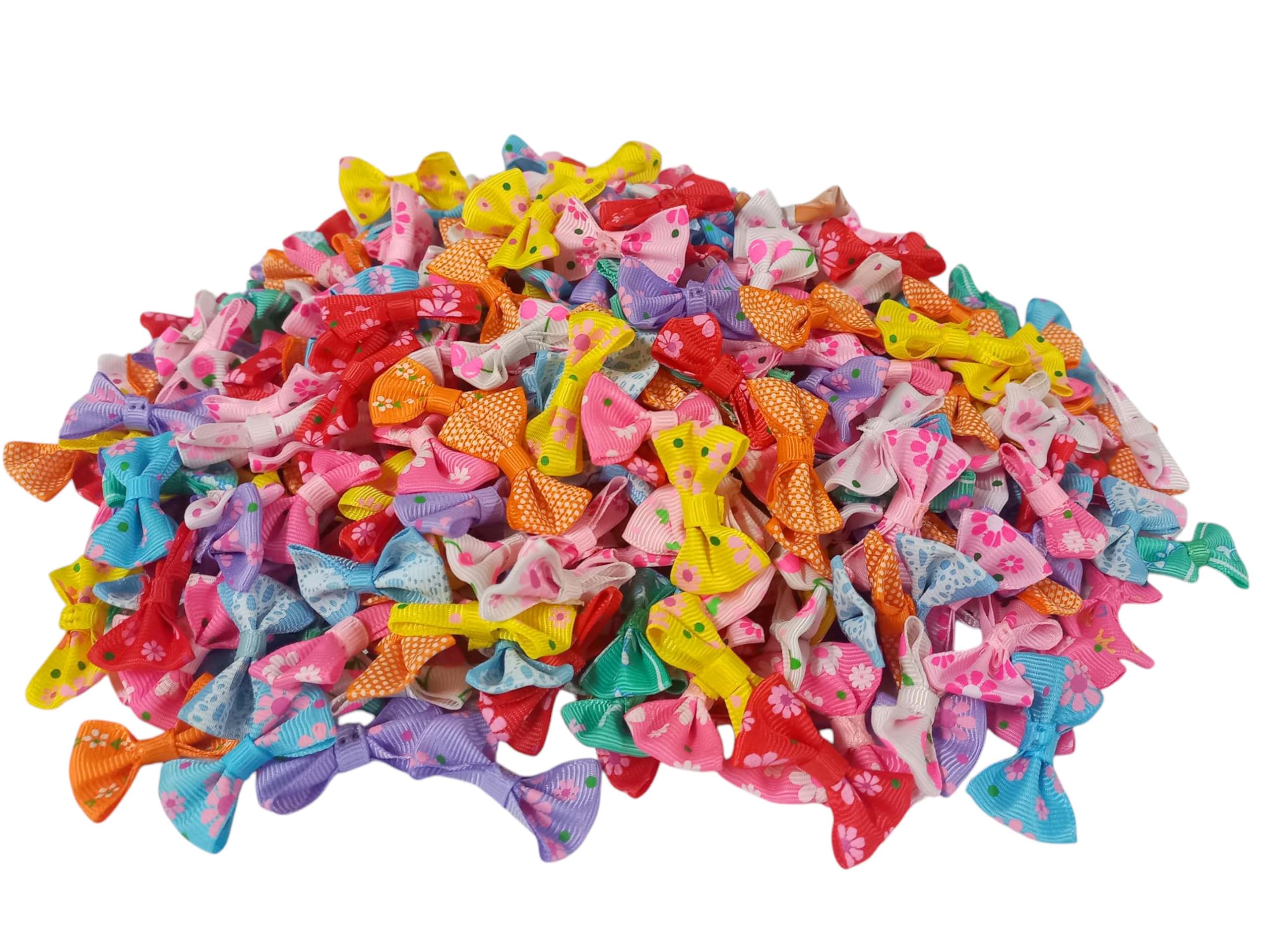 VARDHMAN Multicolored Small Printed Ribbon Bows for Art & Crafts Tiara, Bridal & Baby Shower, Clips, Headbands, Cake Decoration – Tiny Bows - Stem Less - 50 pcs – Size 2 x 4 cm