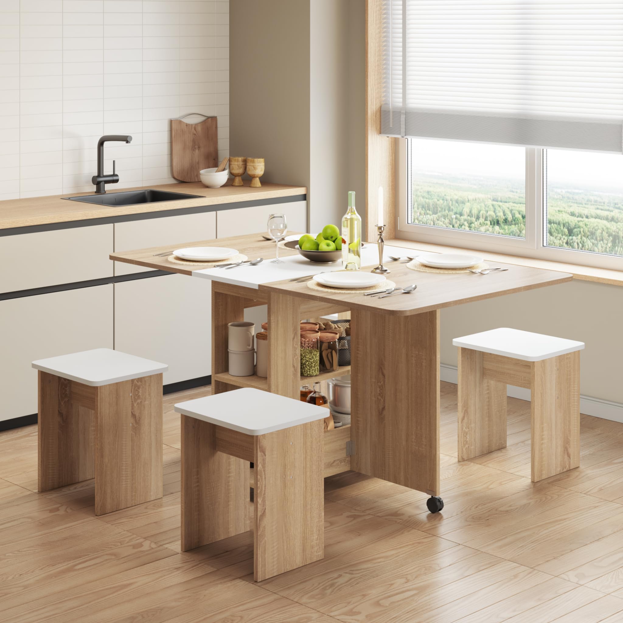 Mondeer Essgruppen, Klappbarer Esstisch mit 4 Stühlen, Esstisch Set mit Rollen und 2 Offenen Ablagen, für Kleine Räume Esszimmer Küche, 120 x 80 x 80 cm, Eiche und Weiß