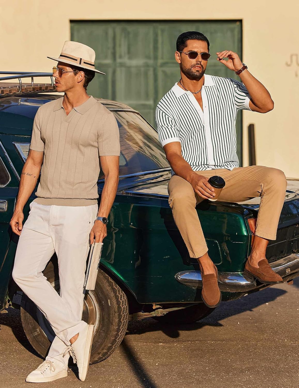 COOFANDY Mens Knit Button Down Shirts Short Sleeve Polo Shirt Vintage Striped Casual Shirts - Image 4