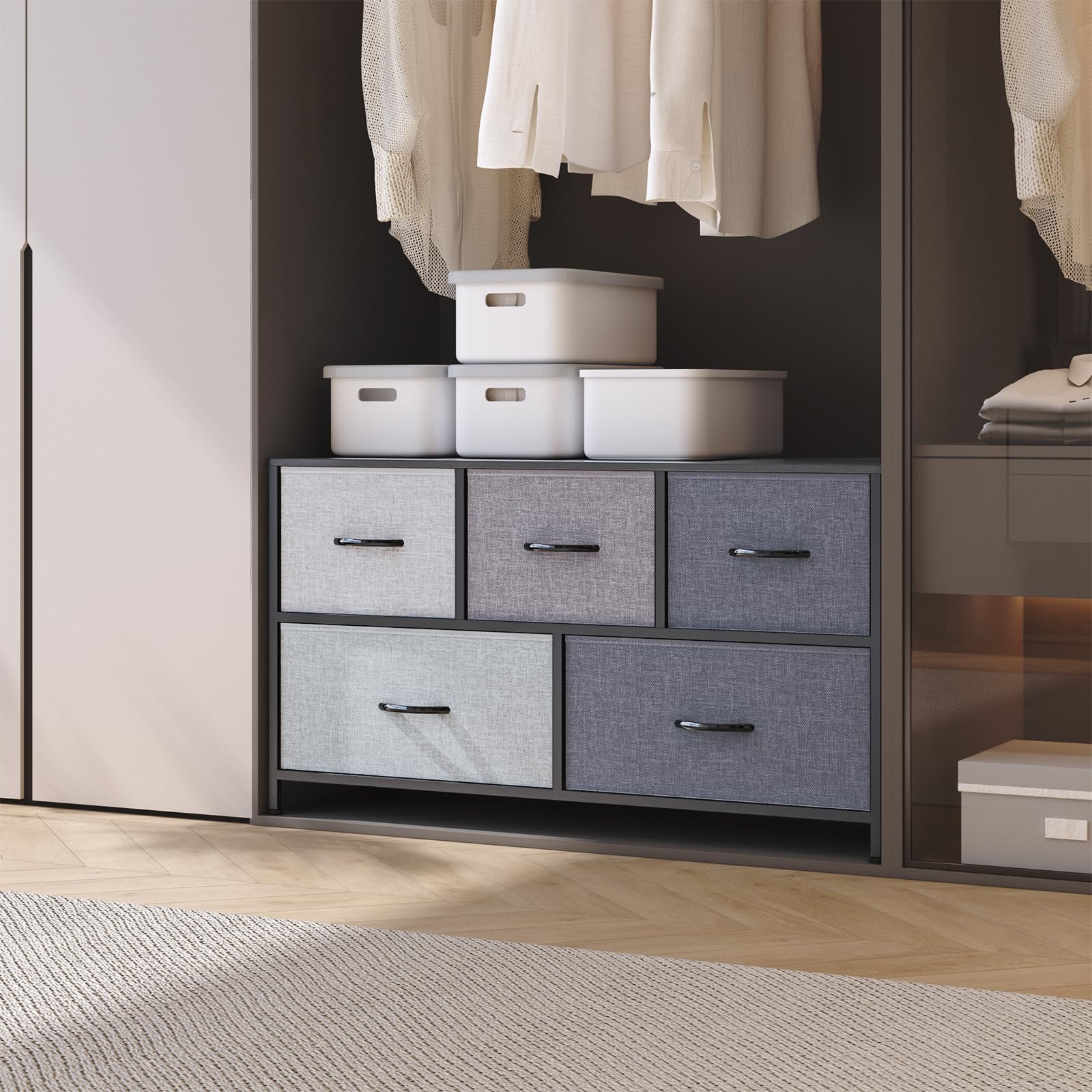 LLappuil Kommode mit 5 Schubladen, kleine Aufbewahrungskommode für Schlafzimmer, Schrank, Flur, Eingangsbereich, Kinderzimmer, Stoffkommode mit faltbaren Aufbewahrungsbehältern, Stahlrahmen,