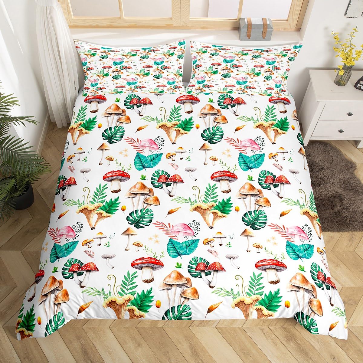 Homewish Kids Mushroom Duvet Cover Double Size, Luxury Aesthetic White Bedding Set Grey Reversible, Retro Botanical Wild Plants Print Quilt Cover for Teens Adults, Natural Wild Fungus Bed Sets