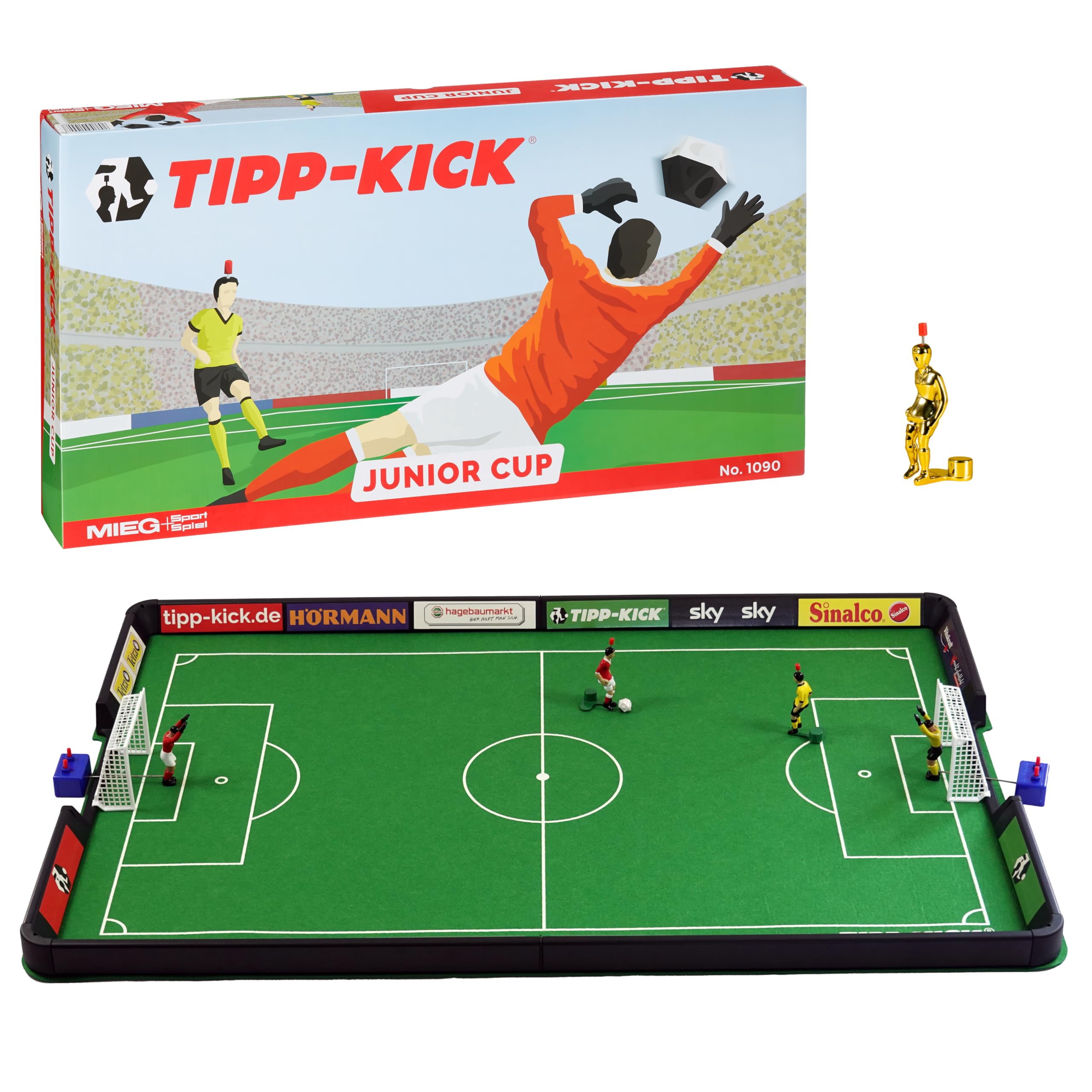 TIPP-KICK Jeu Junior Cup avec baby-foot supplémentaire – Kit de football de table prêt à jouer avec 1 kicker doré supplémentaire, 2 attaquants peints à la main et figurines de gardien de but Toni
