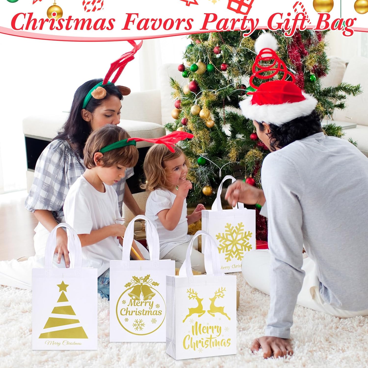 Wesnoy 24 Pcs Christmas Gift Bags Bulk 10 x 8 x 4 Inch Christmas White Gold Non Woven Party Favors Goodies Candy Bags with Handles for Holiday Gift Birthday Party Supplies - Image 7