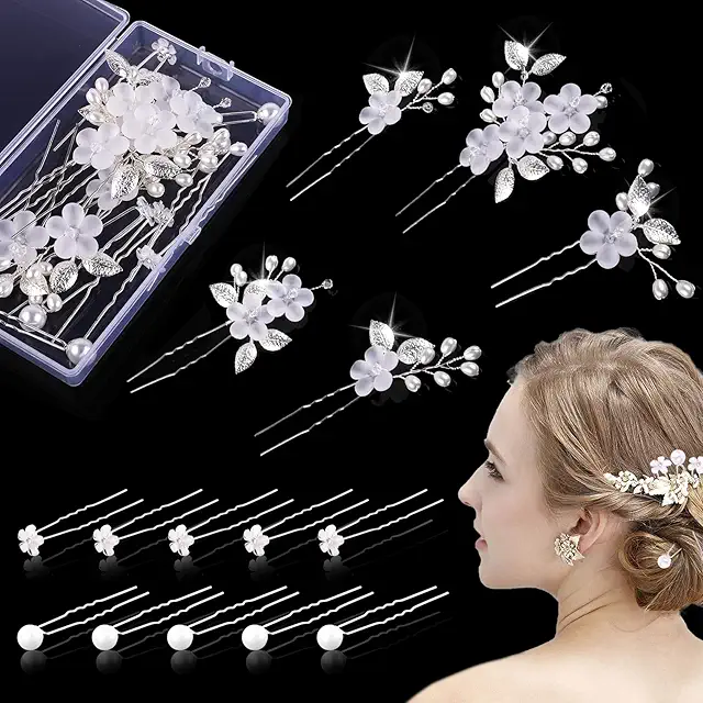 15-teiliges Haarschmuck Set für Hochzeiten: Perlen- und Blumen-Haarnadeln in Silber