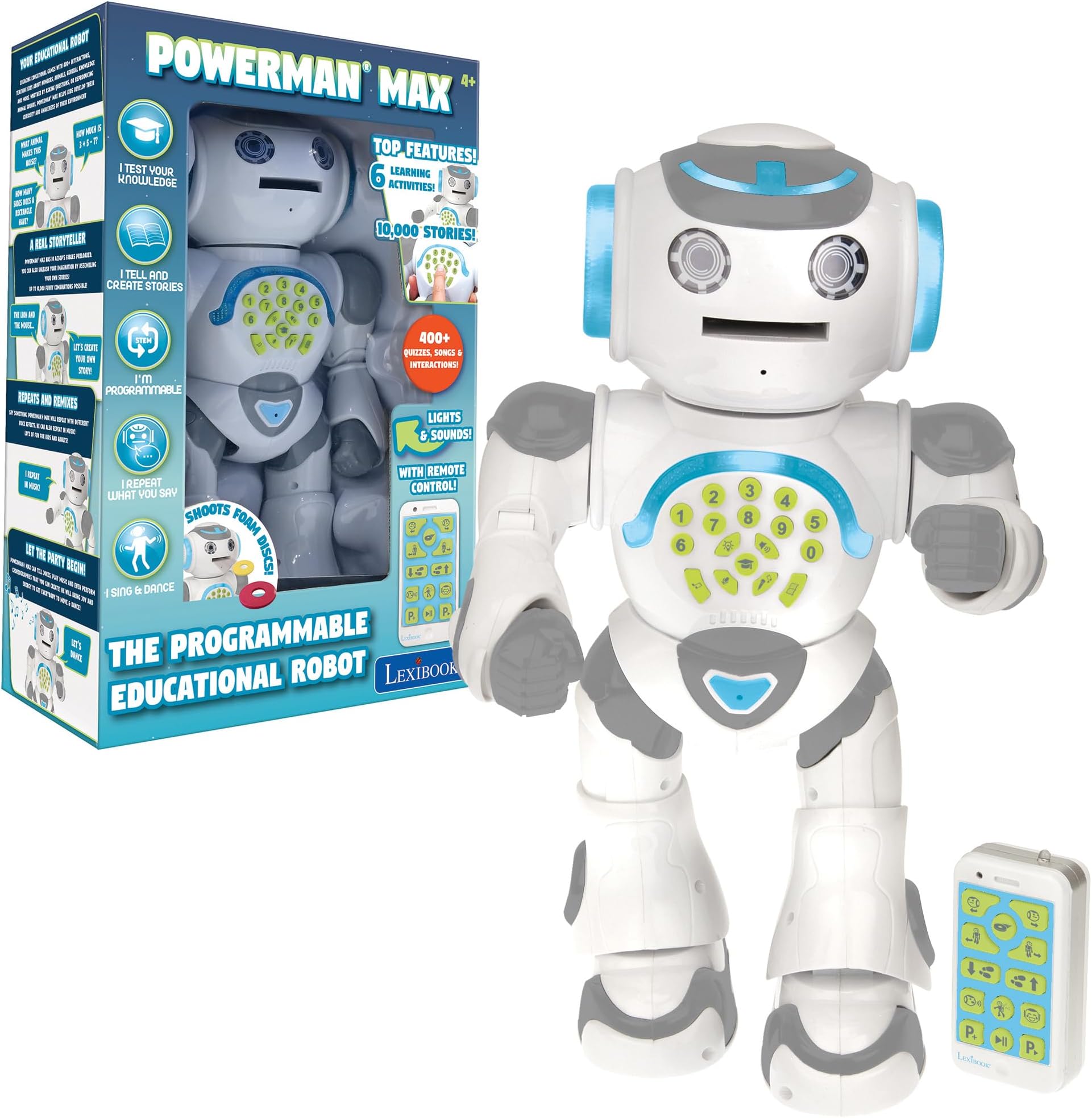 LexibookPowerman Max - Remote Control Walking Talking Toy Robot STEM Programmable Dances Sings Telling 10,000 Stories 300+ Learning Quiz Shooting Discs and Voice Repeat for kids 4+ - ROB80EN_09