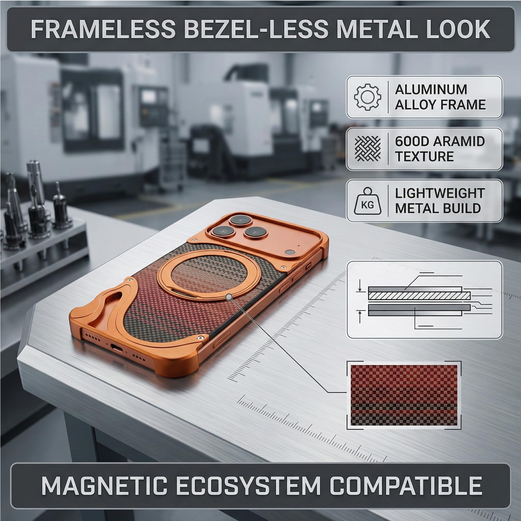 Funda de Aluminio sin Marco para iPhone 17 Pro, Anillo Magnético y Soporte Giratorio de 360°, Textura Estilo Fibra de Carbono, Perfil Ultradelgado, Compatible con Magsafe, Desierto