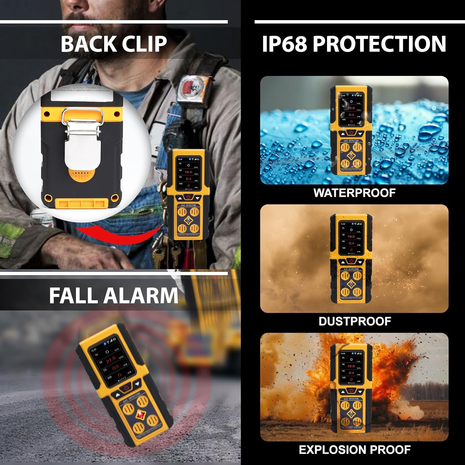 DANOPLUS Gas Detector, 4 Gas Monitor for H2S, CO, LEL and O2, Gas Leak Detector Rechargeable H2S Monitor Clip On, Audible, Vibration, Visual Alarm, 20h Long Battery Life, Safety Proof for Work, Home