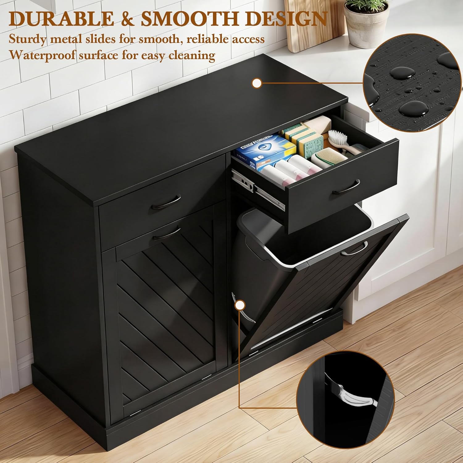 njnj 2x13 Gallons Double Tilt Out Trash Can Cabinet, Black Hidden Kitchen Trash Cabinet with Storage Drawers, Pet Proof Hidden Garbage Can for Kitchen, Laundry Room, Bathroom Wood