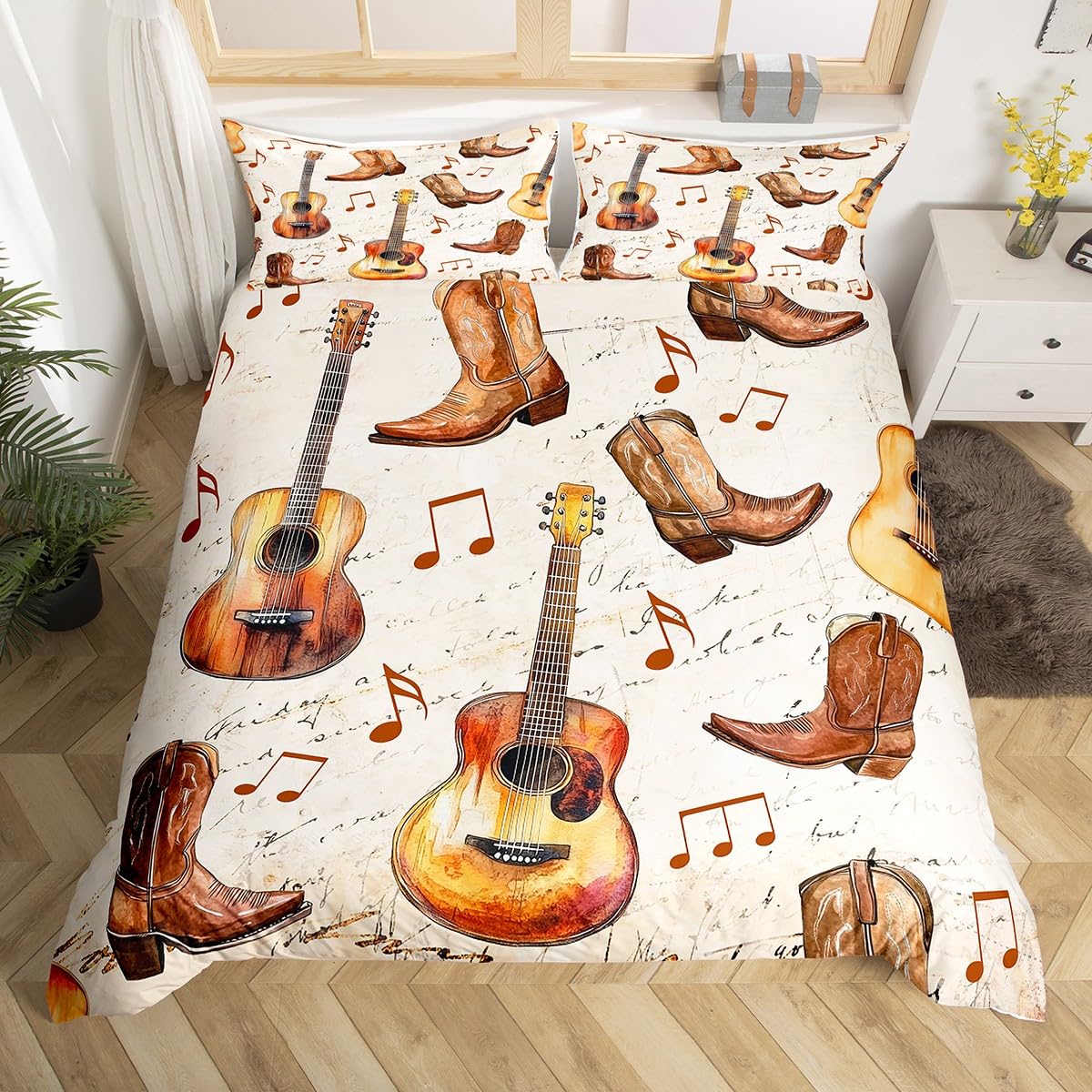Homewish Music Notes Duvet Cover,Rustic Cowboy Boots for Men Single Bedding Sets Vintage Hippie Style Rock Music Quilt Cover,Farmhosue Cowgirl Cowboy Bed Set,Brown Room Decor