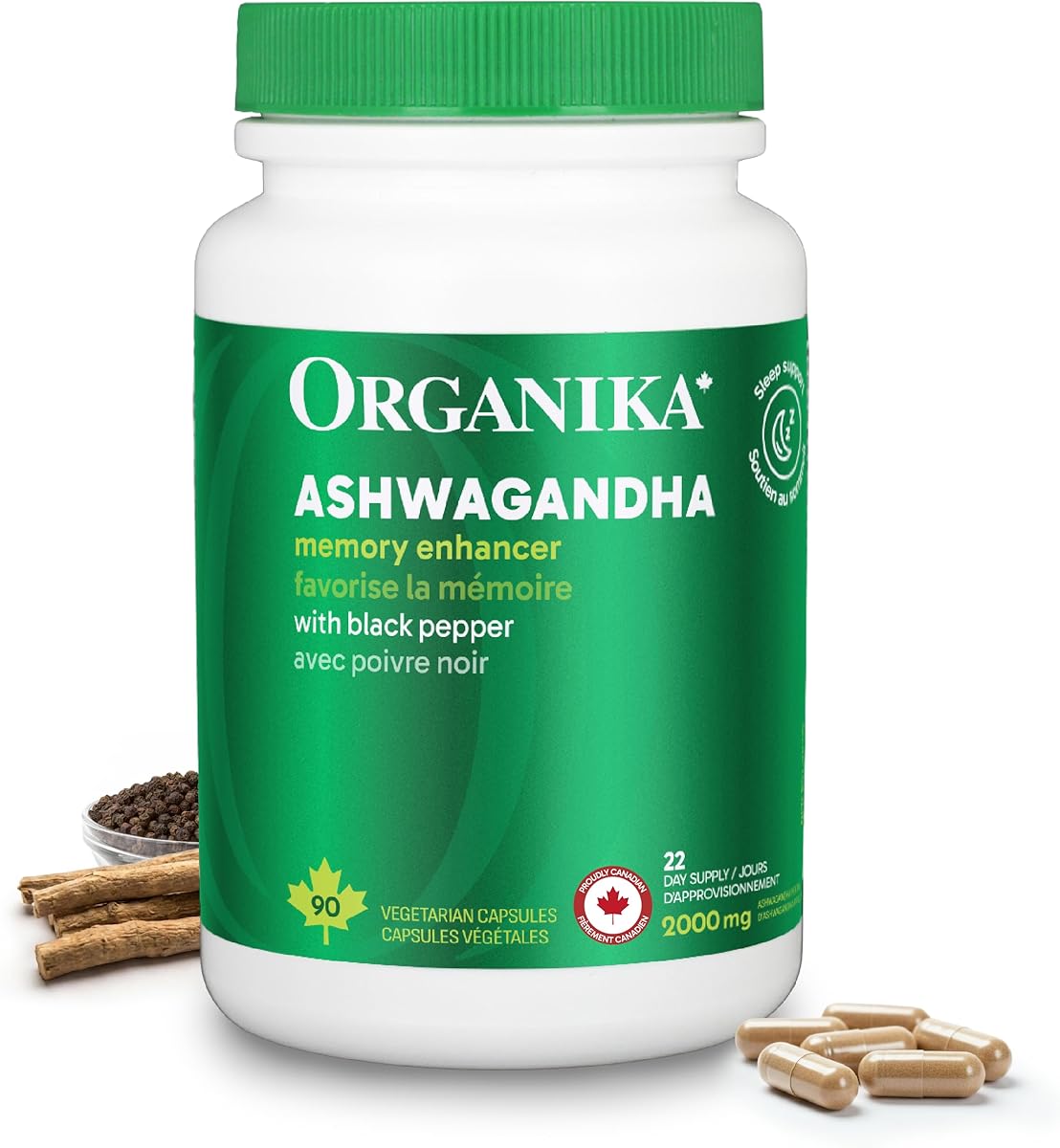 Organika Canadian-Made Ashwagandha with Black Pepper- Enhanced Absorption, Memory Support, Sleep Aid, Adaptogenic- 90vcaps