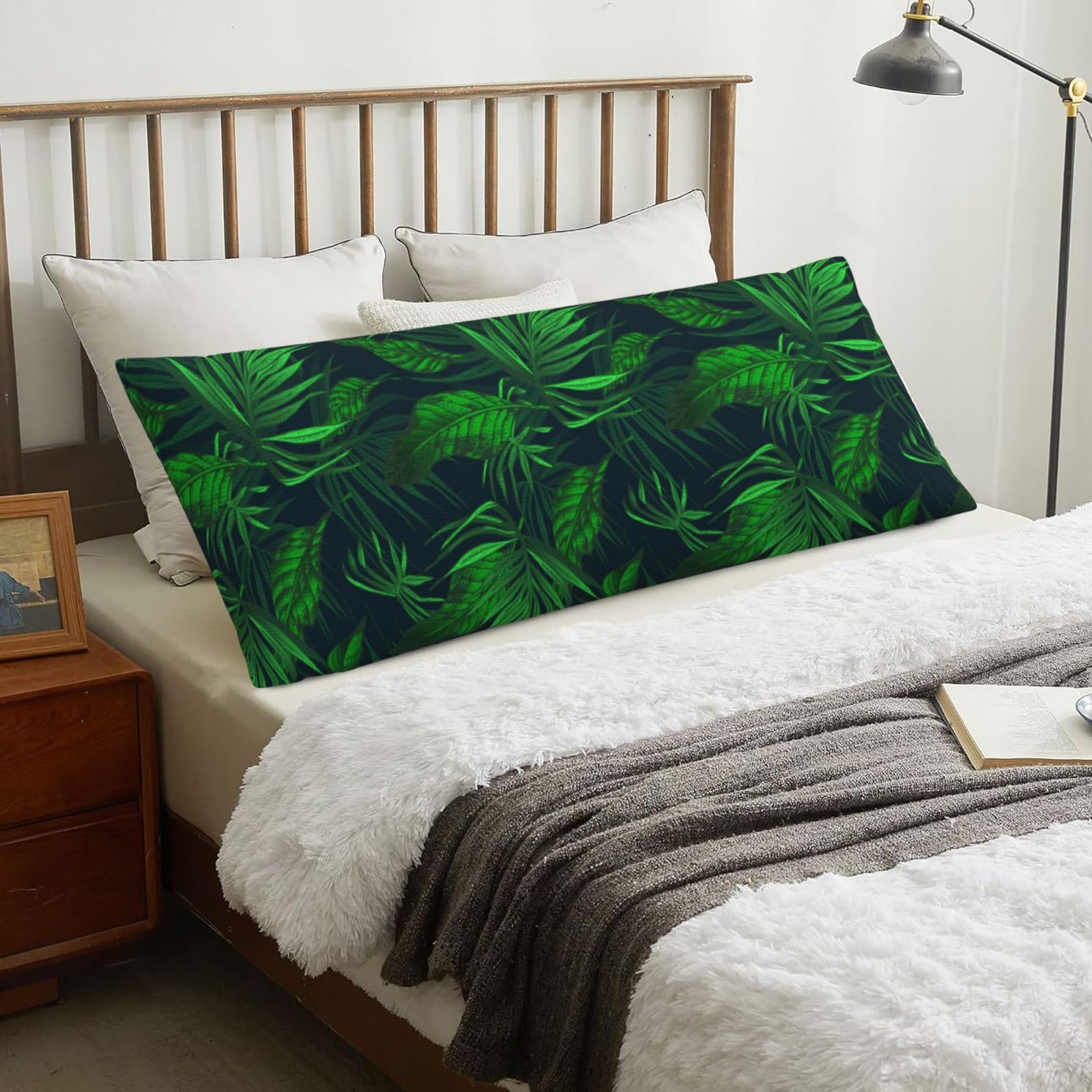 Green Tropical Jungle Plant Printed, Body Pillow Cover with Zipper,Long Body Pillowcase 20 x 60 in