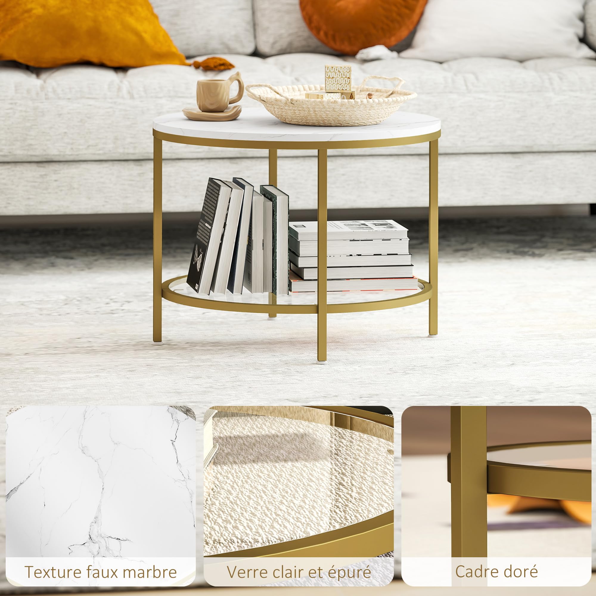 Tavolino Da Caffè Rotondo 2 In 1 Con 1 Piano Bianco E 1 Piano In Vetro Temperato Marrone, 2 Cassetti, Bianco E Oro - 13