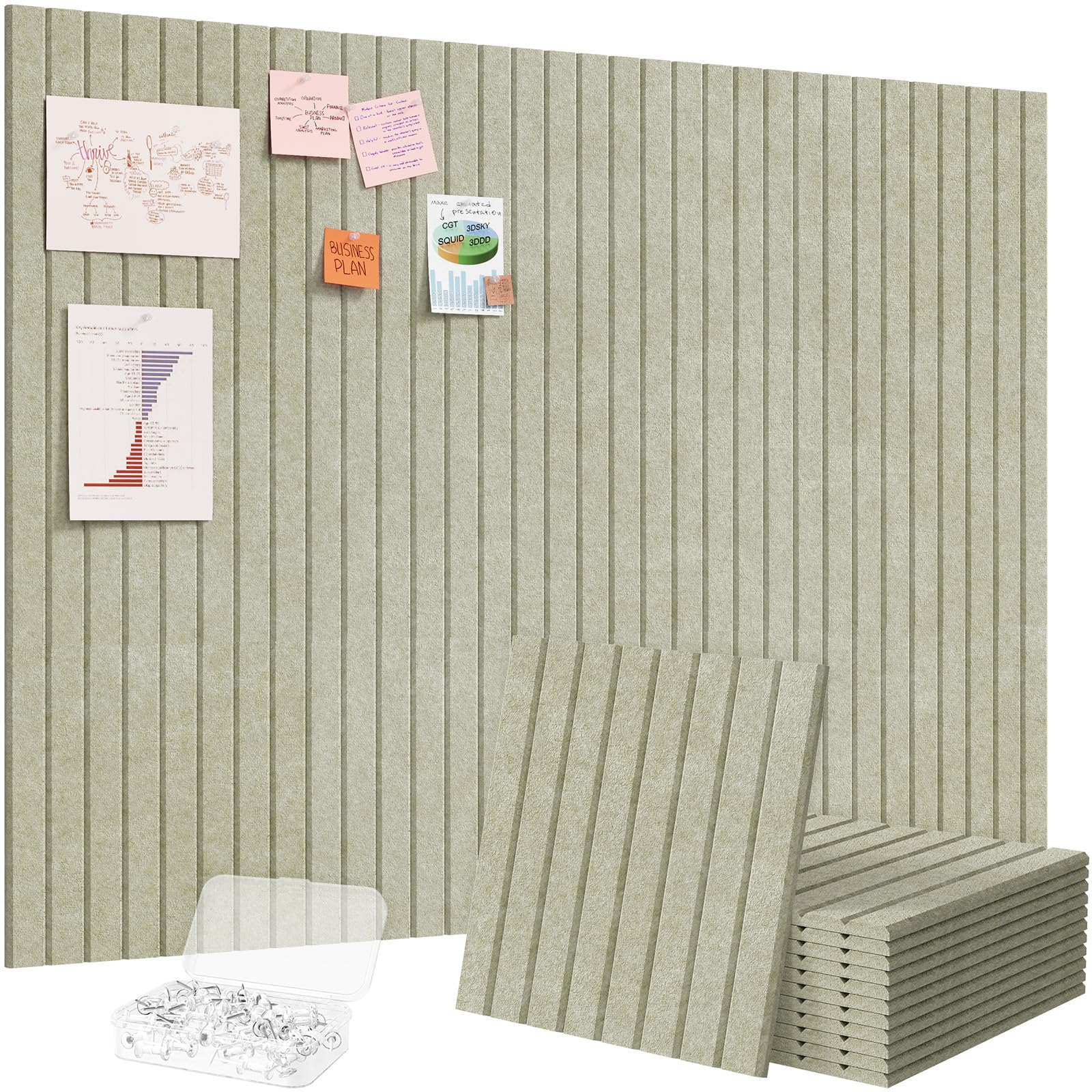 Lifewit Felt Slatted Bulletin Board with Self-Adhesive, 120 x 90 cm-12 Pack Cork Board Alternative, Pin Board Vision Board Message Board with 30 Pushpins for Office Decor, Room Decor, Sage