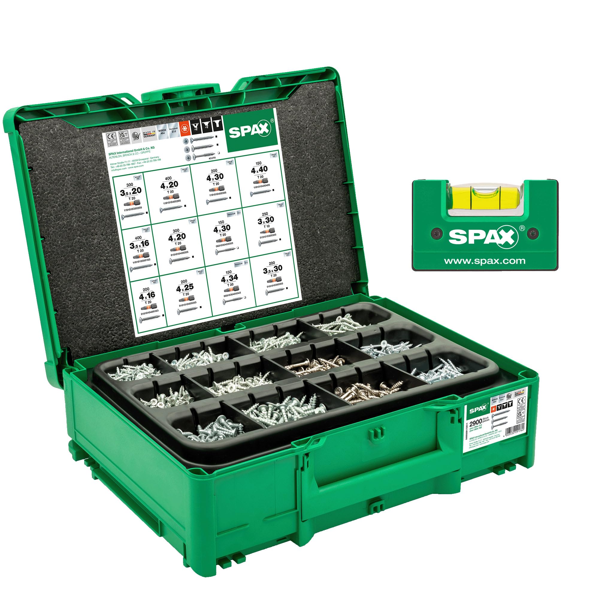 SPAX Juego de tornillos para muebles en Systainer³ T-Loc, 2.900 tornillos en 12 tamaños, incl. 5 puntas T20 y nivel de burbuja – 8000000294617