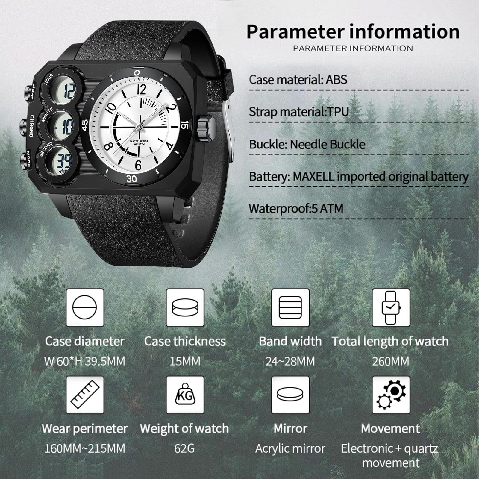findtime Orologio angolare da uomo, digitale, analogico, grande, militare, 5 ATM, impermeabile, sportivo, da uomo, per attività all'aperto, cronometro, coutdown 12/24H, tre fusi orari, di lusso per