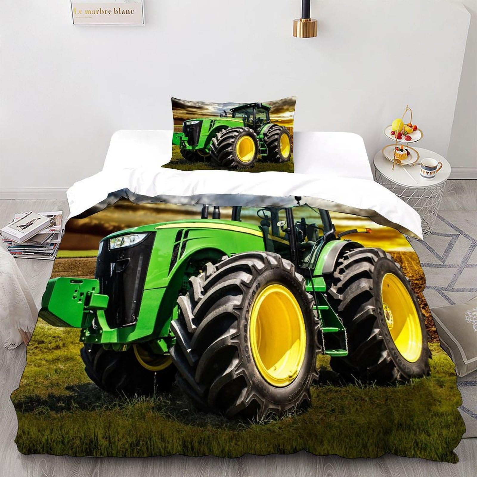 XIKMLSID Tractor Duvet Cover Set Kids Boys Girls Farm Bedding Set, Ultra Soft Reversible 2 Piece Quilt Covers with 1 Pillowcases Single（135x200cm）