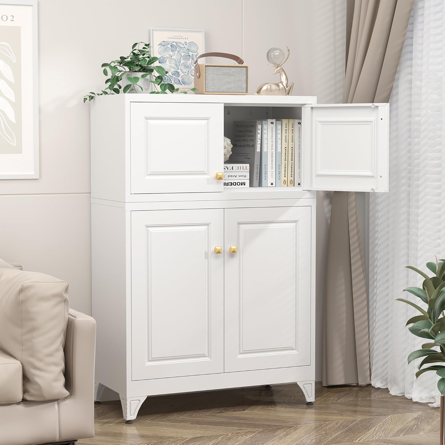 Metal Storage Cabinet with Doors, Small Armoire Wardrobe Closet, White Storage Wall Cabinet, 15" Tall Clothing Cabinets, Steel Overhead Wardrobe for Bedroom, Laundry Room