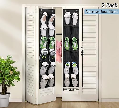 Miniatura 2 de MISSLO Organizador de zapatos sobre la puerta, 12 bolsillos grandes de malla para colgar puerta estrecha de armario, negro, paquete de 2