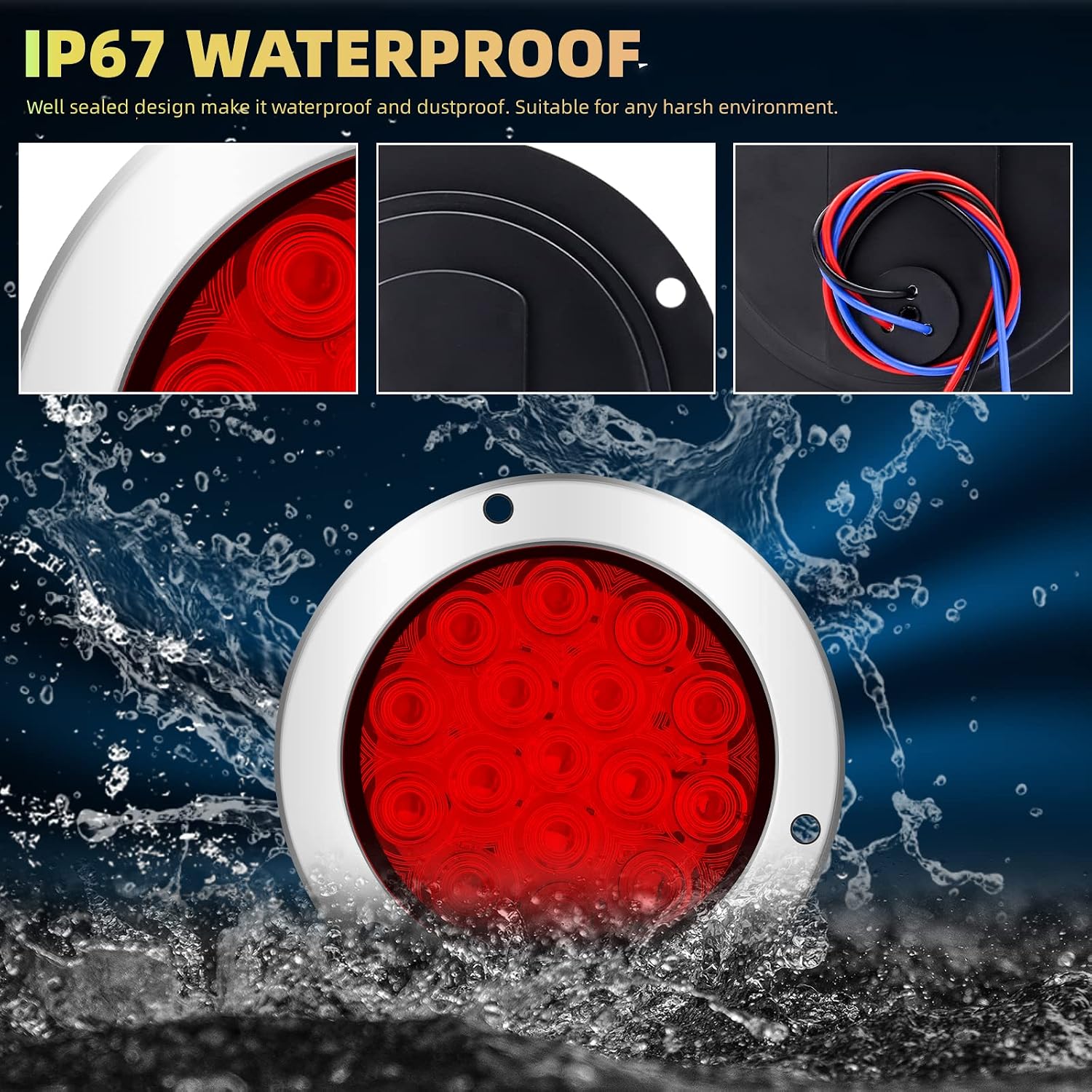 LED Trailer Tail Lights,16LEDs Round Flush Mount Brake Stop Light Running Reverse Light with Chrome for Trucks Trailer RV, IP67 Waterproof, Red, 2PCS