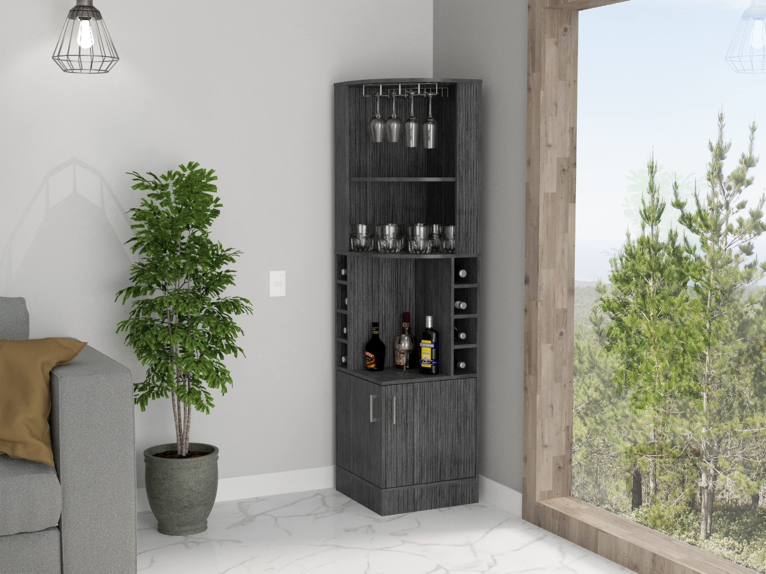 71" 8-Cubby &amp; 2-Shelf Bar Storage Cabinet, Kitchen Pantry Cabinets with Double Doors, Versatile Cabinets with Space-Efficient Corner Design for Kitchen, Gray