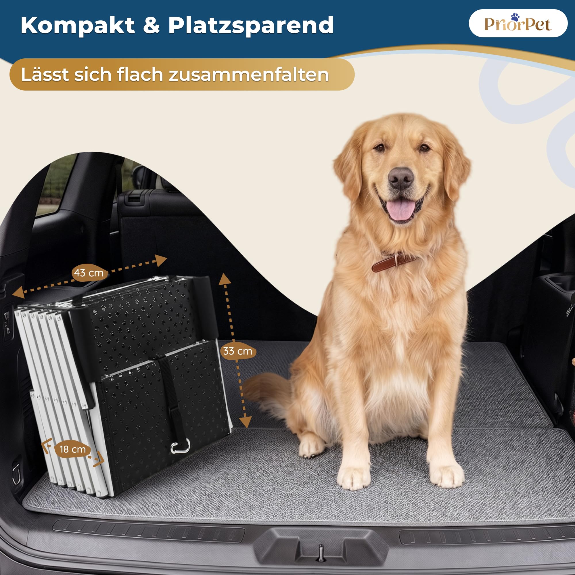Hundetreppe Auto Klappbar – 4, 5 oder 6 Stufen für niedrige bis hohe Kofferraumhöhen (63–81 cm) – Für Kleinwagen, Kombi & SUV – Einstiegshilfe für große Hunde ohne Springen, Alternative zur Hunderampe