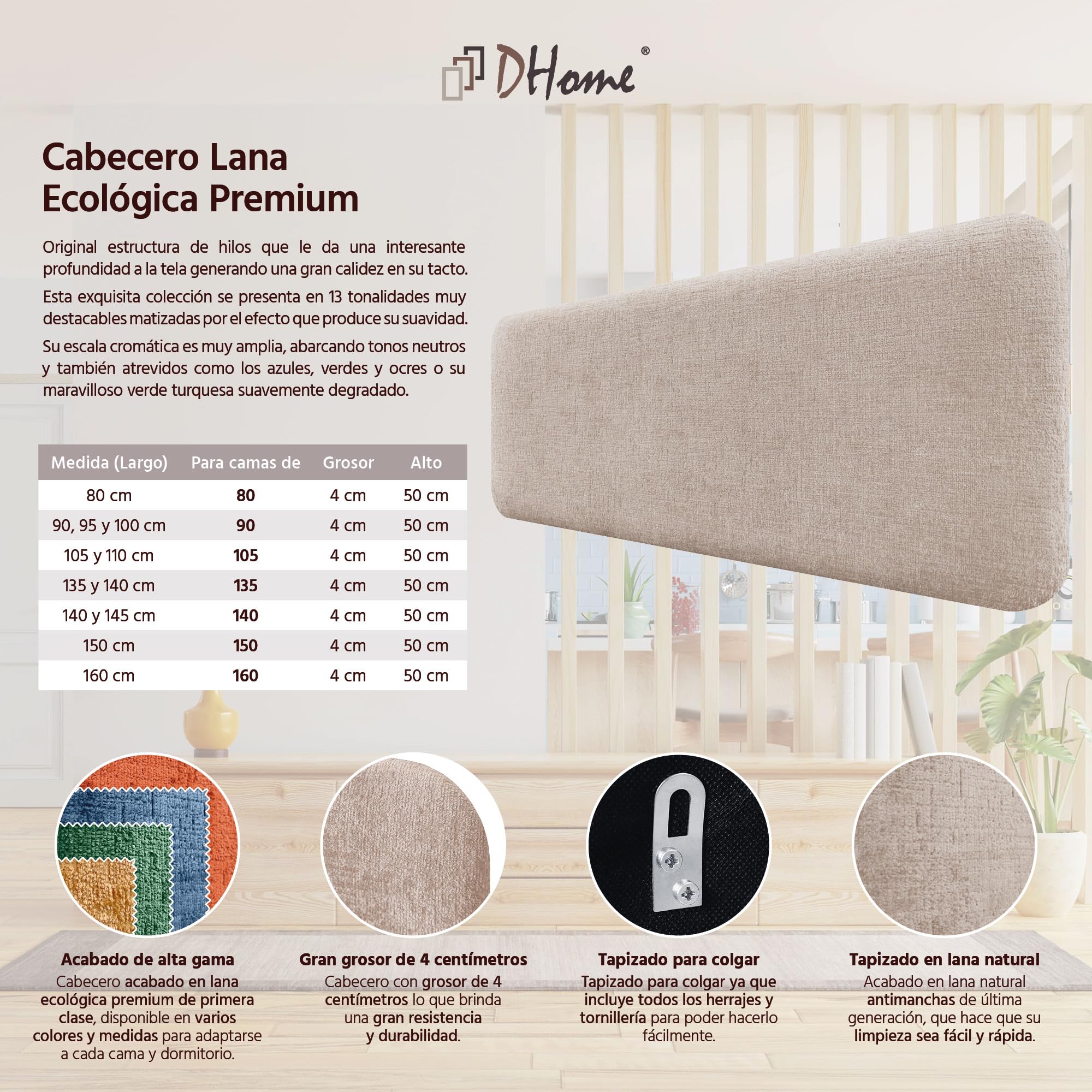 DHOME Testiera Imbottita Liscia Arrotondata in Lana Ecologica per Parete Acustica Testate Fonoassorbenti Testata Letto Camera da Letto (Beige, 160cm)