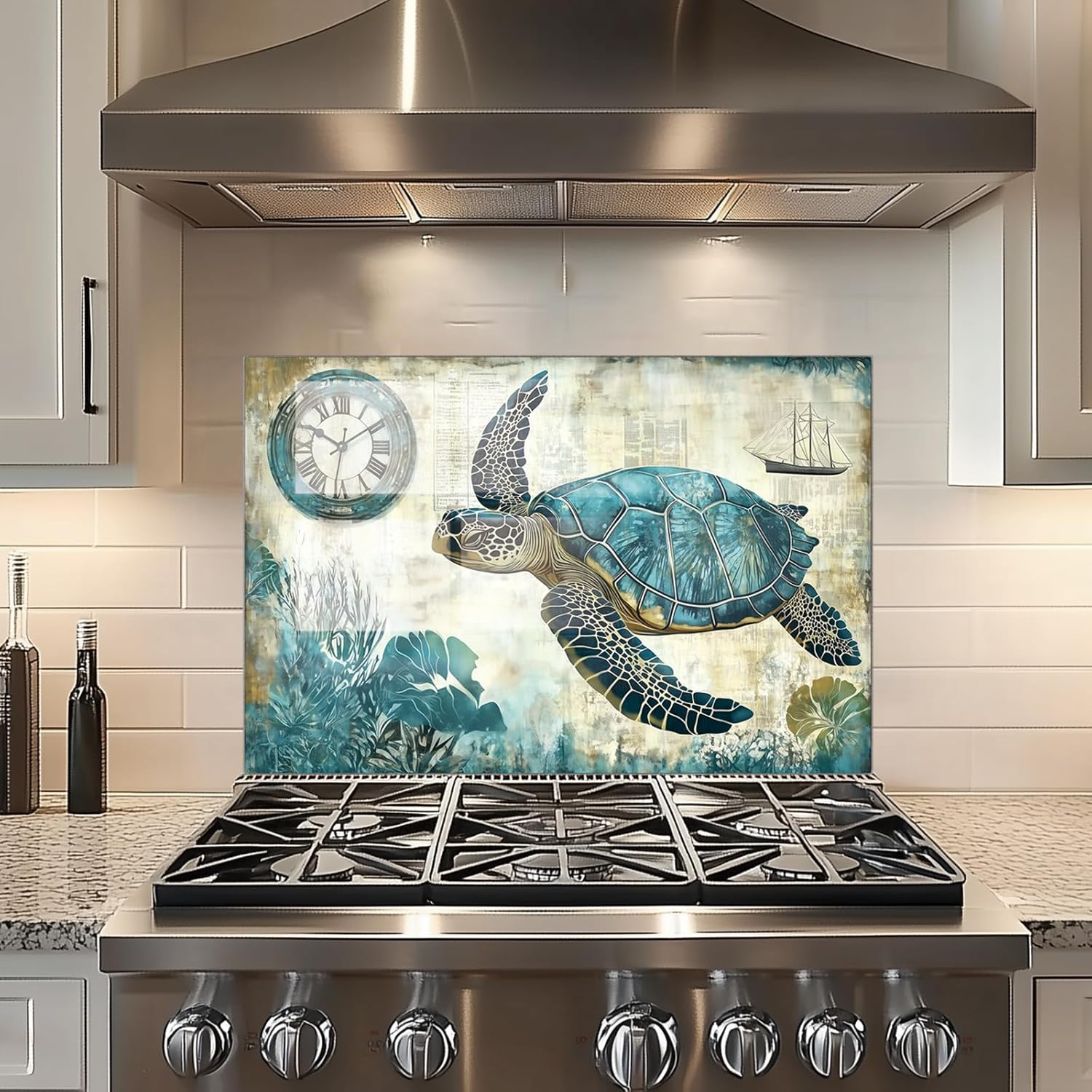 fzxwyishu Beach turtle Tempered Glass Kitchen Backsplash, Stove Back Top Cover, Splashback Tile, Kitchen Sink Cover Splash Guard, Home Kitchen Decor (30"x30"(76.2x76.2cm))