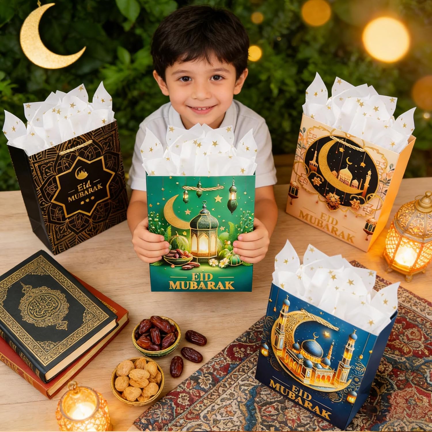 Enfoldia 4Pcs 9" Medium Eid Mubarak Gift Bags with Handles Gold Star Tissue Paper Ramadan Kareem Party Favor Bags Muslim Party Goodie Gift Bag Treat Bags Reusable Paper Bags Islam Party Decorations image 5