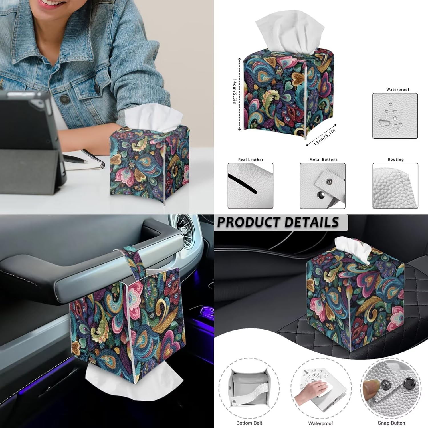 Art Boho Flower Print Armchair Slipcover with Stretch Armrest Covers Anti-Dust Office Chair Protector Square Tissue Box Cover PU Leather Remote Control Holder, S