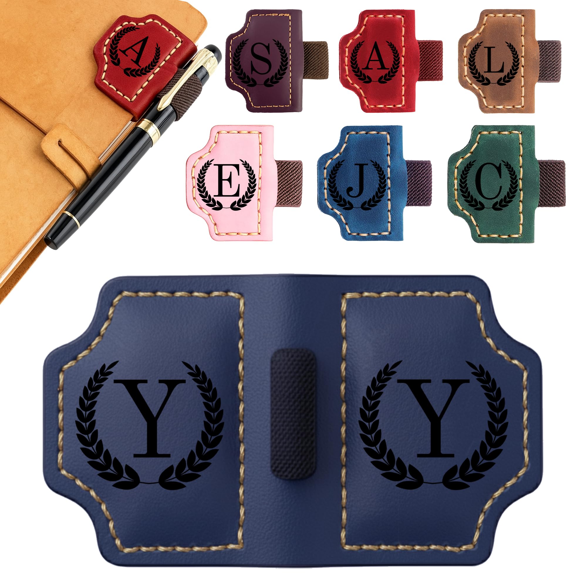 Personalized Bookmark with Pen Holder, Custom Leather Bookmarks with 26 Letters, Personalized Magnetic Pen Holder Bookmark, Magnetic Bookmarks for