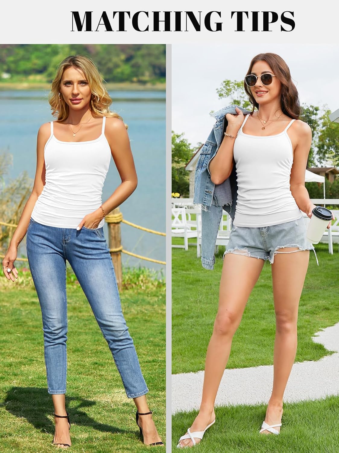 V FOR CITY Ribbed Camisole Tops for Women with Built-in Bra Adjustable Straps Cami Scoop Neck Side Ruched Layering Tanks - Image 7