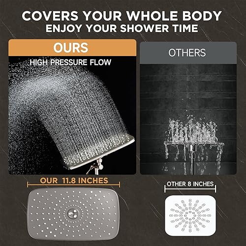 Miniatura 9 de Veken Cabezal de ducha de lluvia de alta presión de 12 pulgadas con brazo de extensión, cabezal de ducha de lluvia ancho con 6 rociadores de agua de