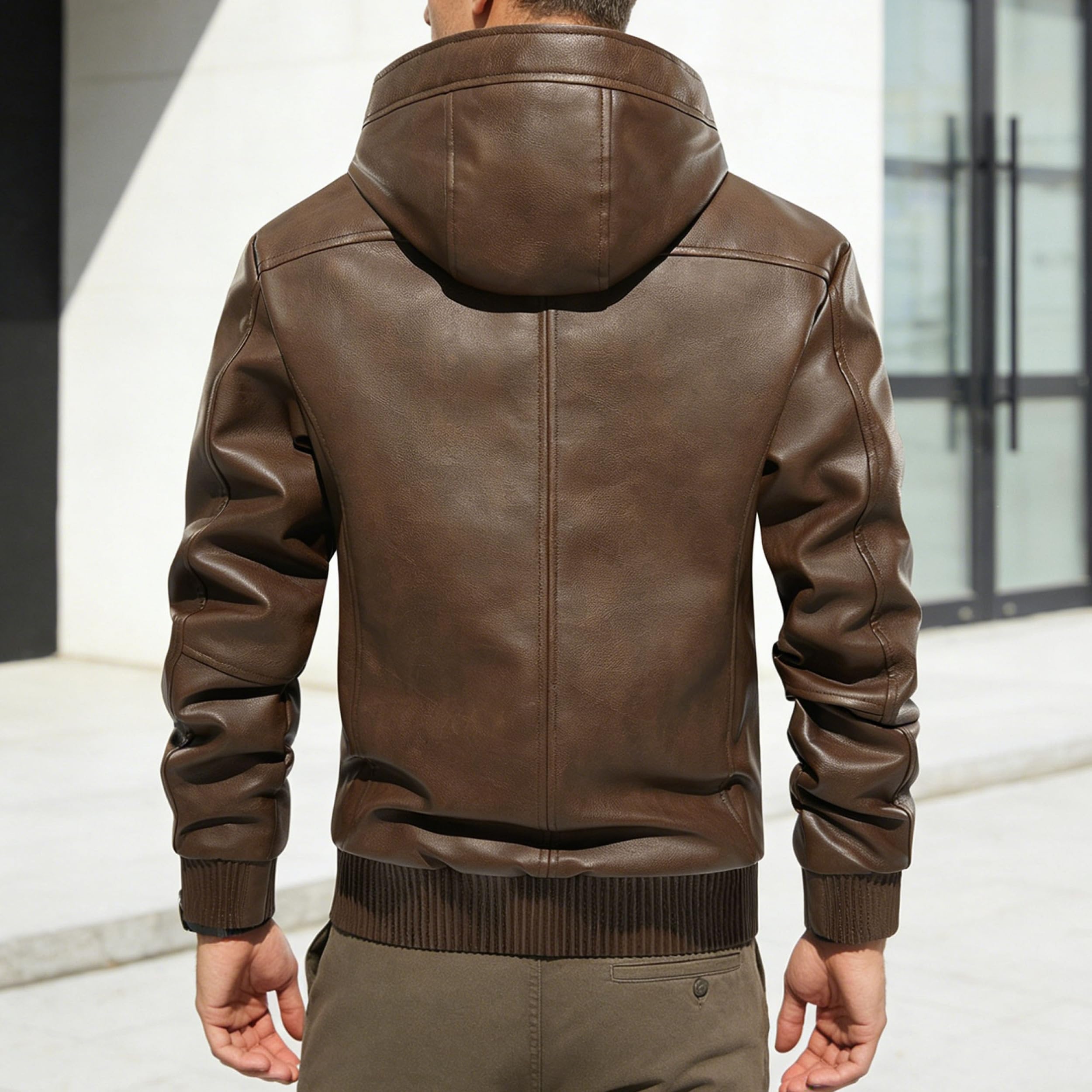 Chaqueta de motociclista de piel sintética cálida para hombre, con forro polar y capucha, abrigo invierno estilo motero, elegante abrigo para hombre