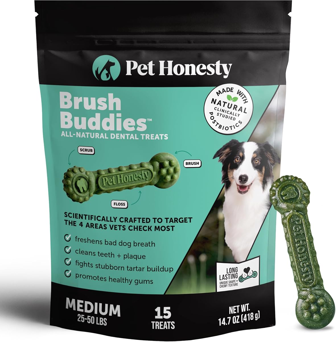 Brush Buddies Vet Backed Dog Dental Chews, 15 Count | Award winning dog teeth cleaning chews for dogs 25-50 lbs, last 2x longer, no cellulose fillers, reduce plaque & tartar