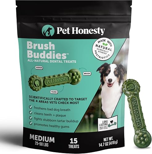 Brush Buddies Long Lasting Dog Dental Chews – All Natural Dental Sticks for Teeth Cleaning Plaque Off + Tartar Remover for Dogs – Dog Dental Treats + Breath Freshener – Medium Sized Dogs (15 Count)