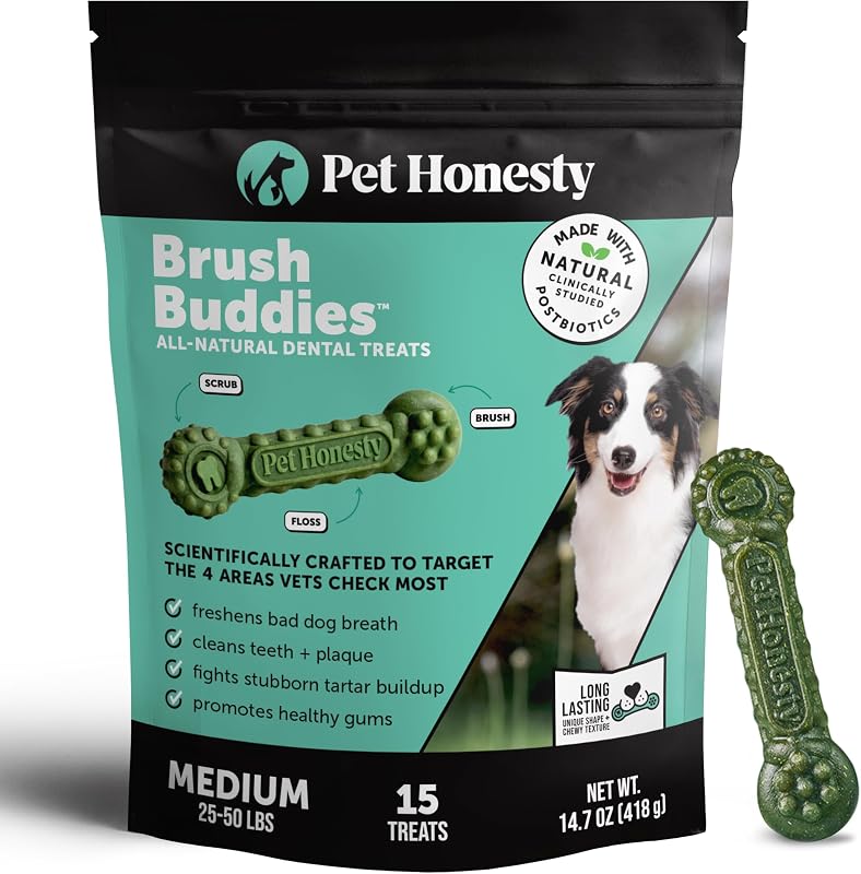 Brush Buddies Vet Backed Dog Dental Chews, 15 Count | Award winning dog teeth cleaning chews for dogs 25-50 lbs, last 2x longer, no cellulose fillers, reduce plaque & tartar