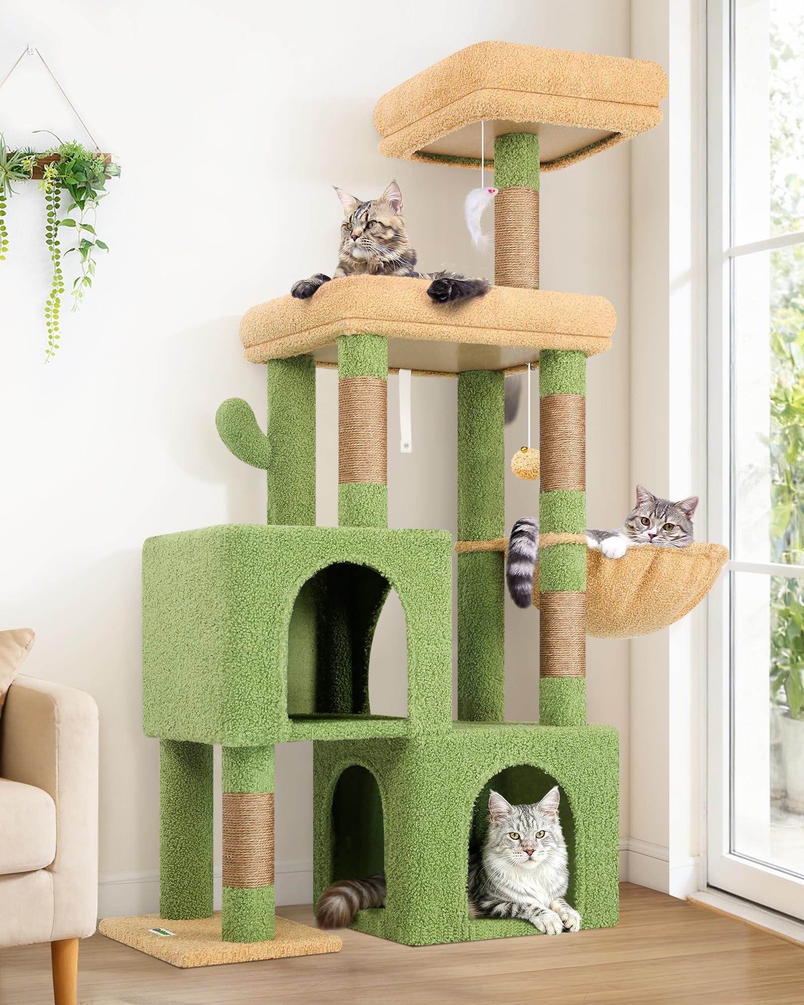 Globlazer Rascador para Gatos Cactus Verde con 2 Nidos, Plataformas Acolchada, Zitstang, Cesta, Peluche Juguete, Árbol Rascador Estable Alto 134 cm para Gatito Gato Viejo (S52, Verde)