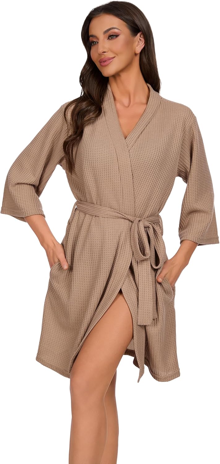 iniber Robes for Women Waffle Knit Bathrobe Soft Lightweight Knee Length Loungewear S-XXL - Image 3