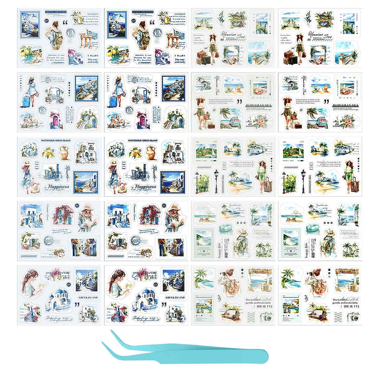 TVSVKWE 20 Travel Themed Stickers And 1 Piece Of Tweezers, Retro Stickers, Scrapbook Accessories, Decorate Diaries, Calendars, Photo Albums, Greeting Cards.