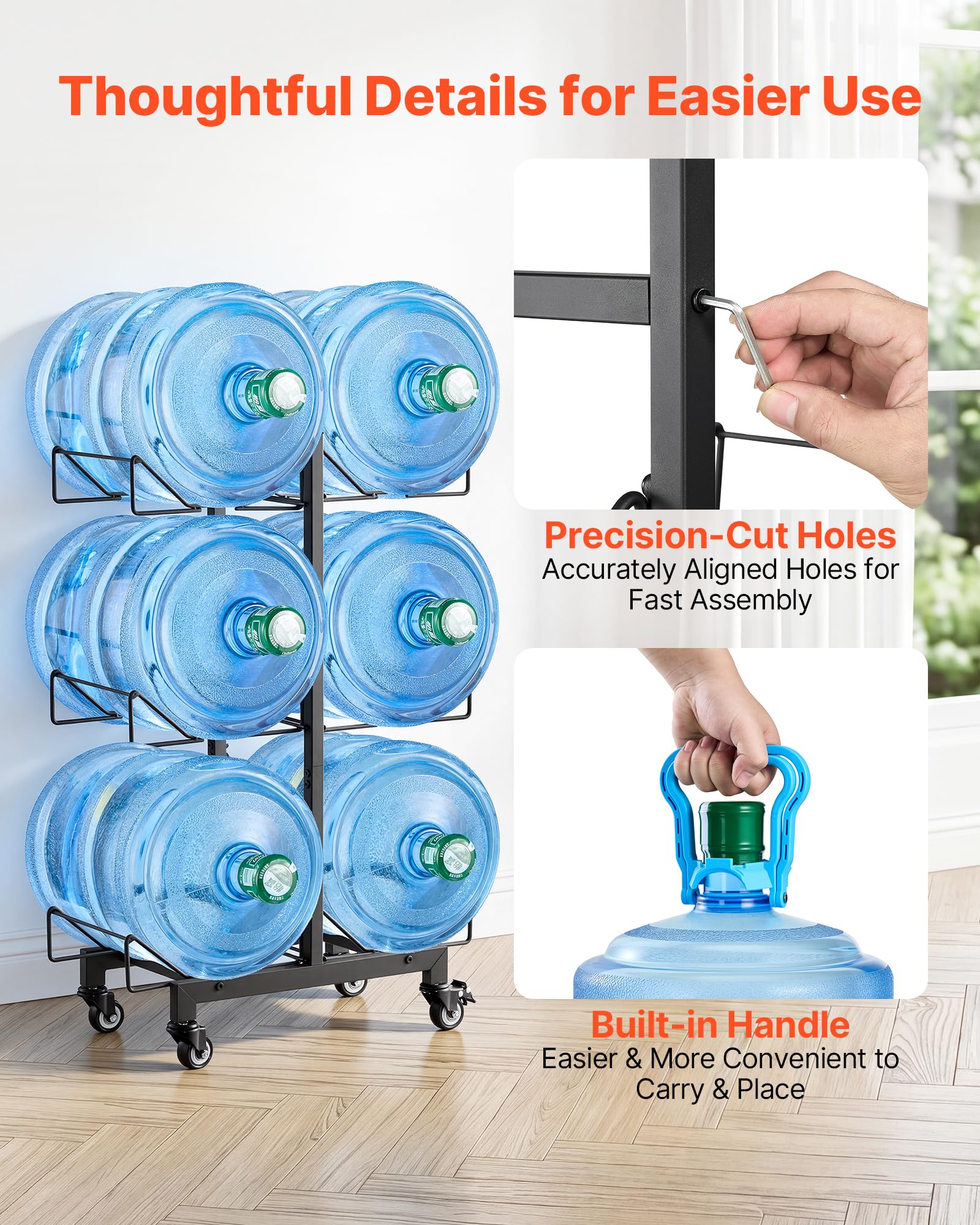 VEVOR Estante para Garrafas de Agua, Soporte para Botellas Grandes de Agua, 3 Niveles para 6 Botellas, Compatible con Jarras de 11 L y 19 L, con Ruedas con Freno, Plegable para Oficina Cocina Hogar
