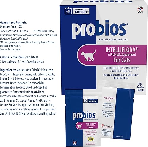 Miniatura 5 de Probios Intelliflora para gatos, polvo probiótico diario, suplemento nutricional para la salud intestinal, digestión y apoyo inmunológico, 30 sobres