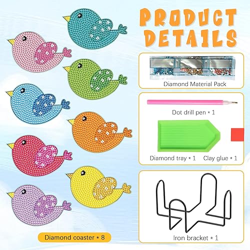 Miniatura 2 de Tontut 8 posavasos de madera de pintura de diamante con soporte, posavasos de pájaro pequeño, kits de arte de diamantes para principiantes, adultos