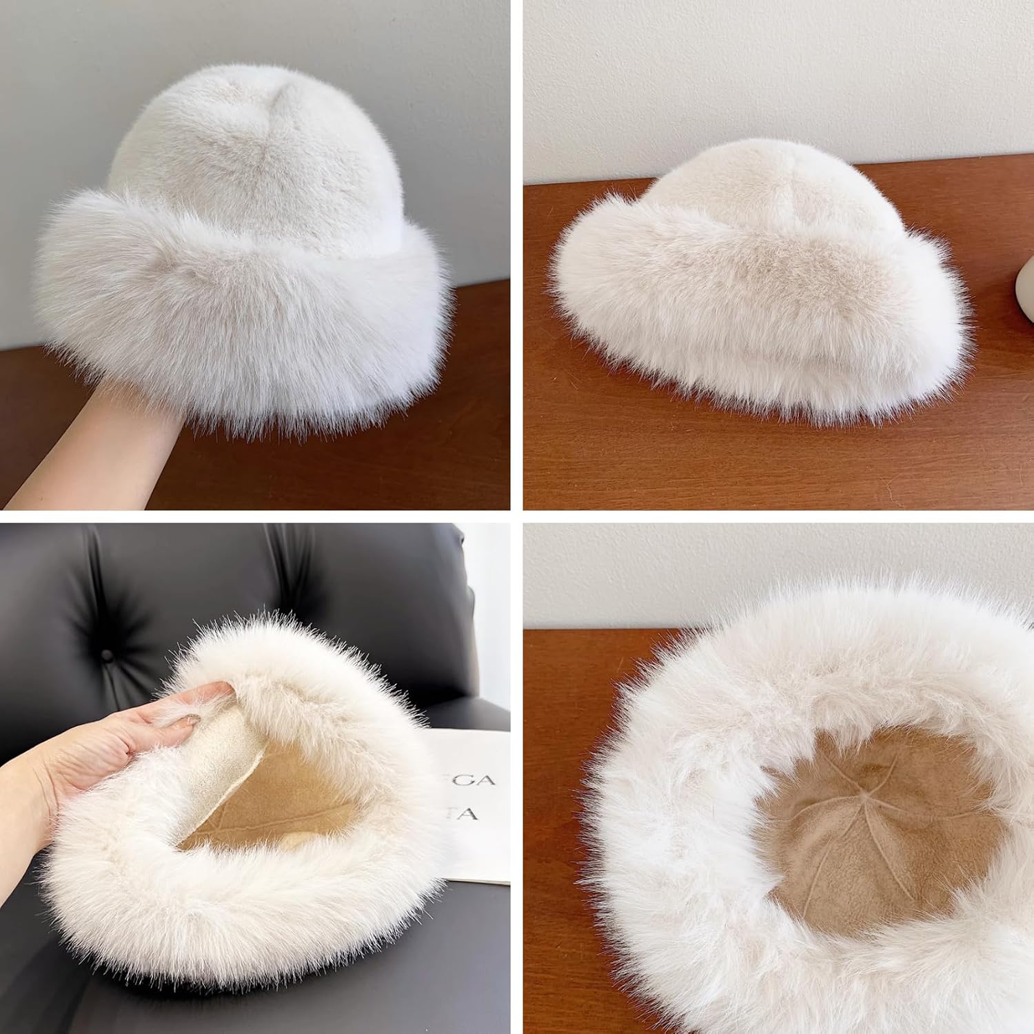 ZGMYC Faux Fur Trimmed Beanie Hats for Women Girls Russian Style Furry Winter Bucket Hats Warm Ski Snow Hat