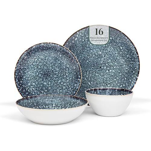 Ceramic Stoneware Dinnerware 16-Piece Set, 4 Place Settings (Bondi Waters)