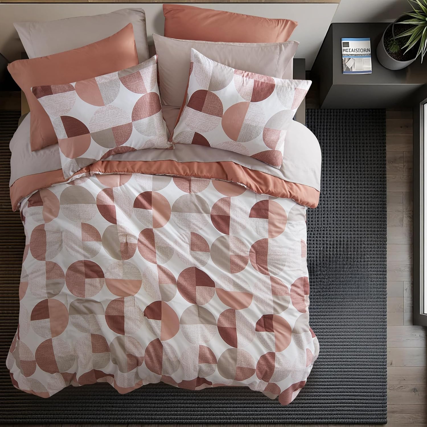 Stylish Three-Tone Printed Queen Size Comforter Set, Bed in a Bag 9-piece Bedding Set, Ultra-Soft Microfiber Comforter and Sheets Set, Warm and Cozy for All Seasons, Terracotta Blush